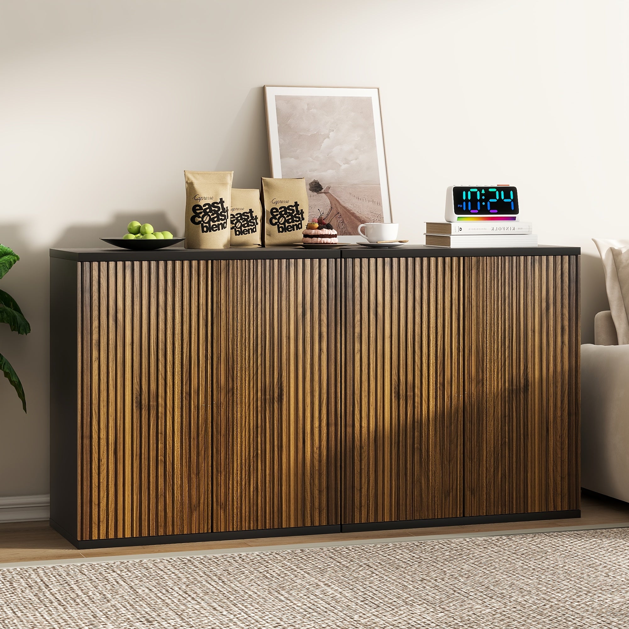 Vertical Ribbed Walnut End Thermoformed Two-Door Cabinet