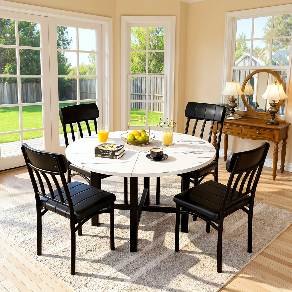 5pcs Dining Table And Chairs Set - Wooden Circle Table With 4 Faux Leather Seats, Kitchen Or Small Dining Spaces