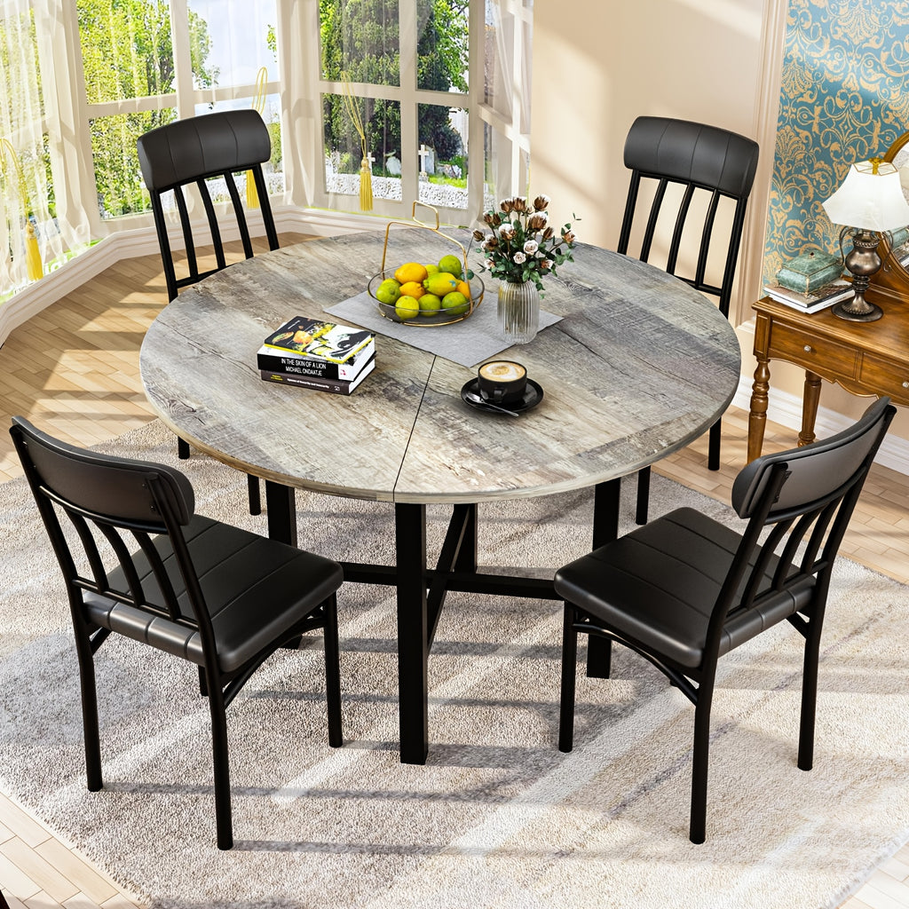 5pcs Dining Table And Chairs Set - Wooden Circle Table With 4 Faux Leather Seats, Kitchen Or Small Dining Spaces