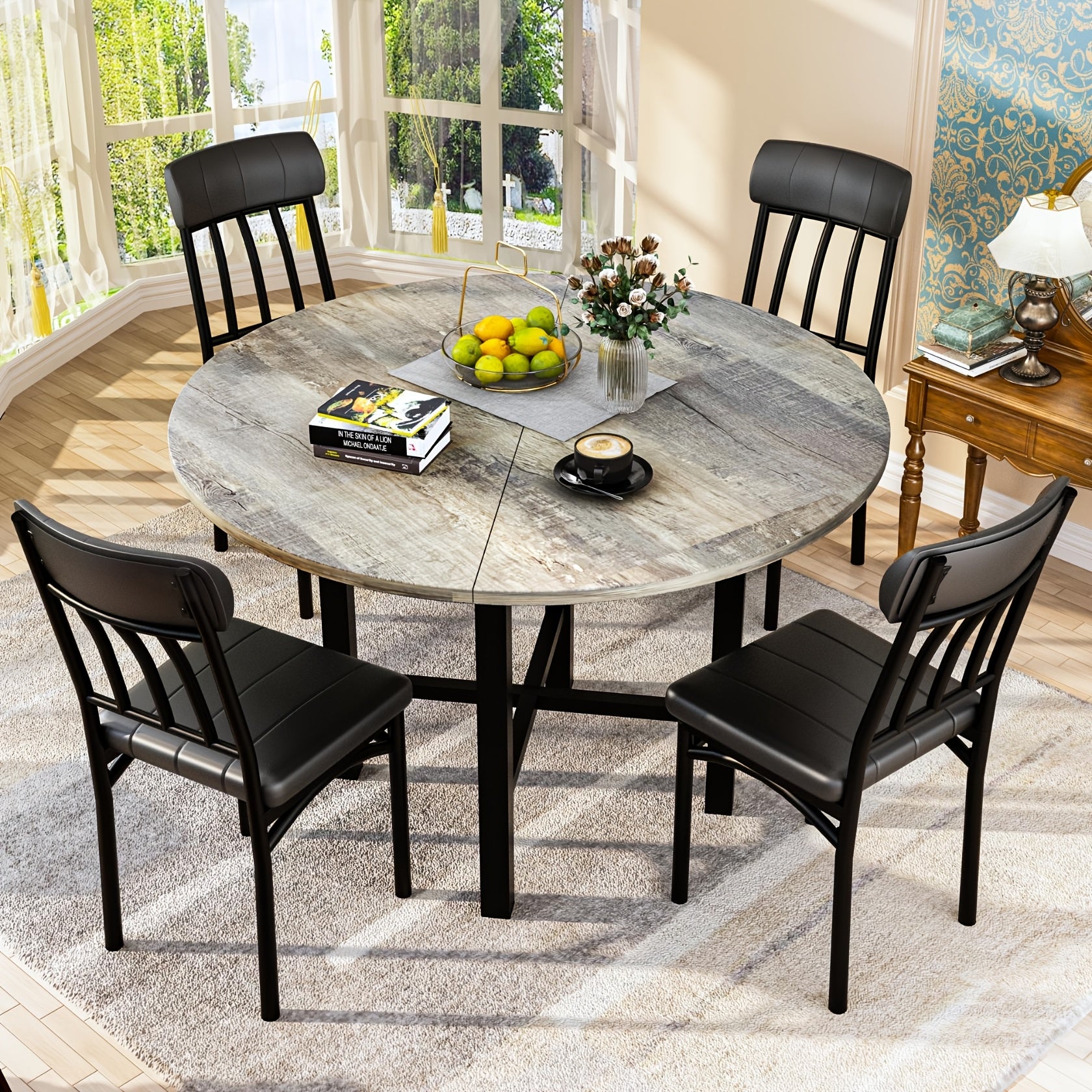 5pcs Dining Table And Chairs Set - Wooden Circle Table With 4 Faux Leather Seats, Kitchen Or Small Dining Spaces