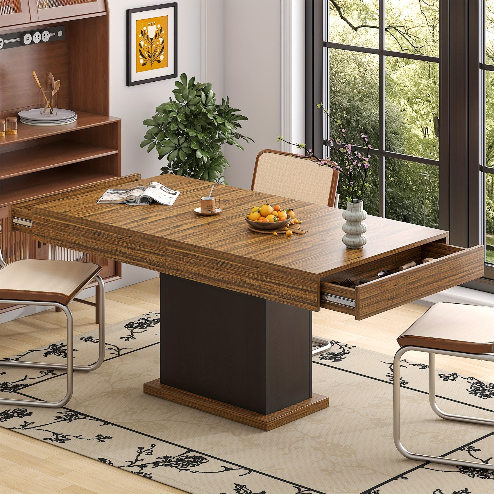 Dining Table for 6 People, Large Rectangular Wood Kitchen Table with 2 Drawers