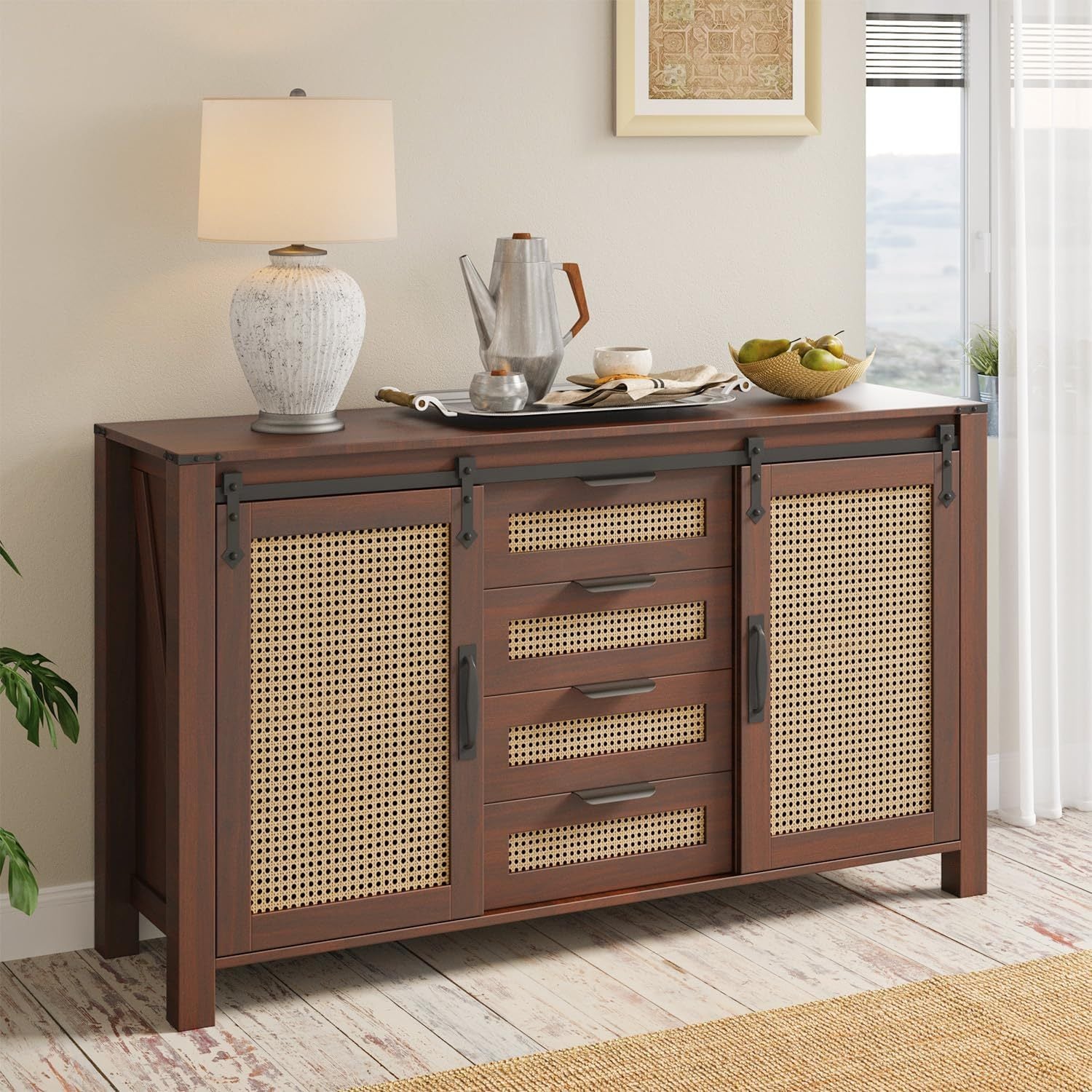 Farmhouse Sideboard Buffet with Sliding Barn Doors & Rattan Details
