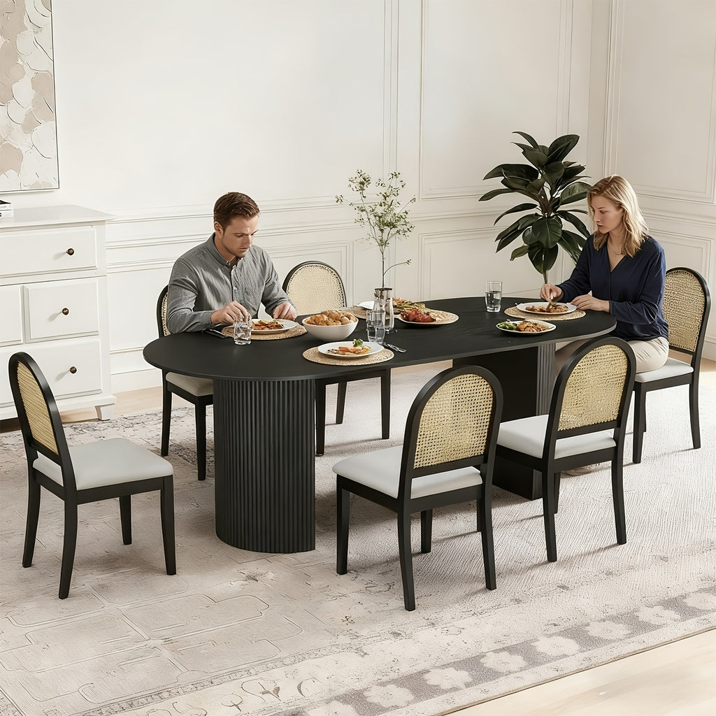 Set of 2 Vintage Farmhouse Dining Chairs with Velvet Upholstery & Rattan Backrests