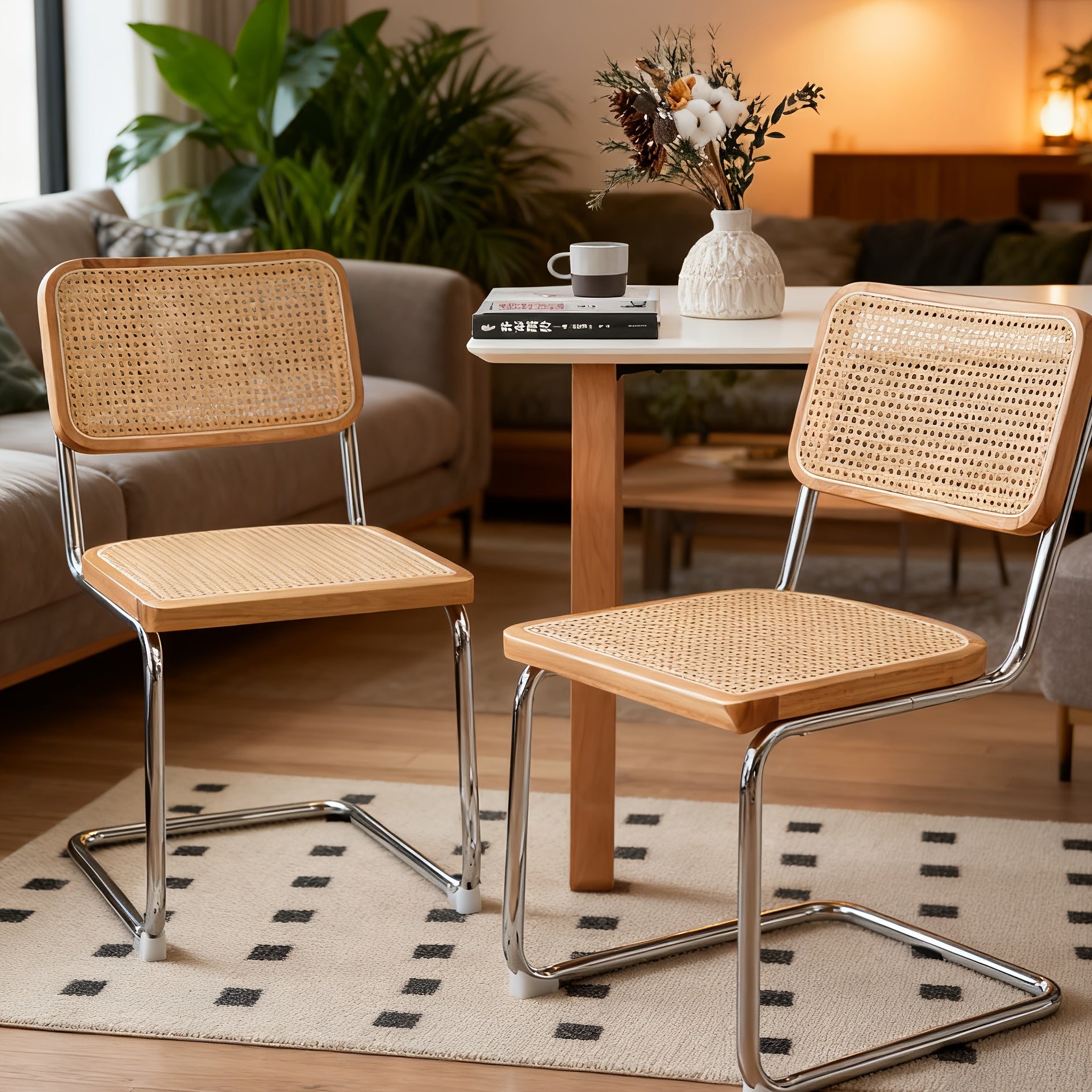 Set of Two Dining Chairs Featuring Velvet And Rattan, Designed with Chrome Legs
