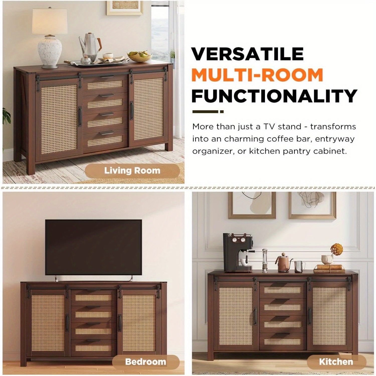 Farmhouse Sideboard Buffet with Sliding Barn Doors & Rattan Details