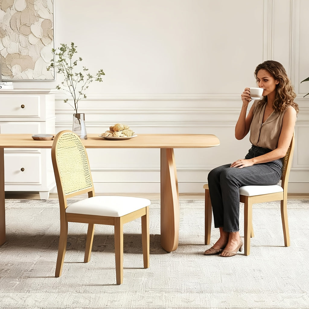 Set of 2 Vintage Farmhouse Dining Chairs with Velvet Upholstery & Rattan Backrests