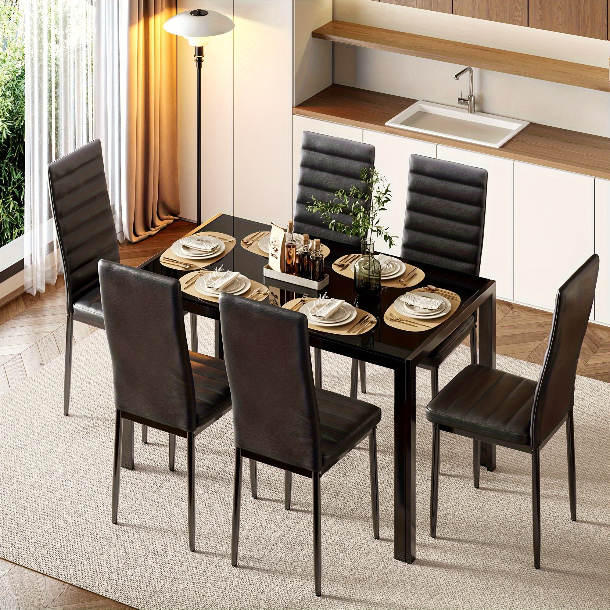 Glass Dining Table Sets for 6, 7pcs Kitchen Table and Chairs Set for 6 Person
