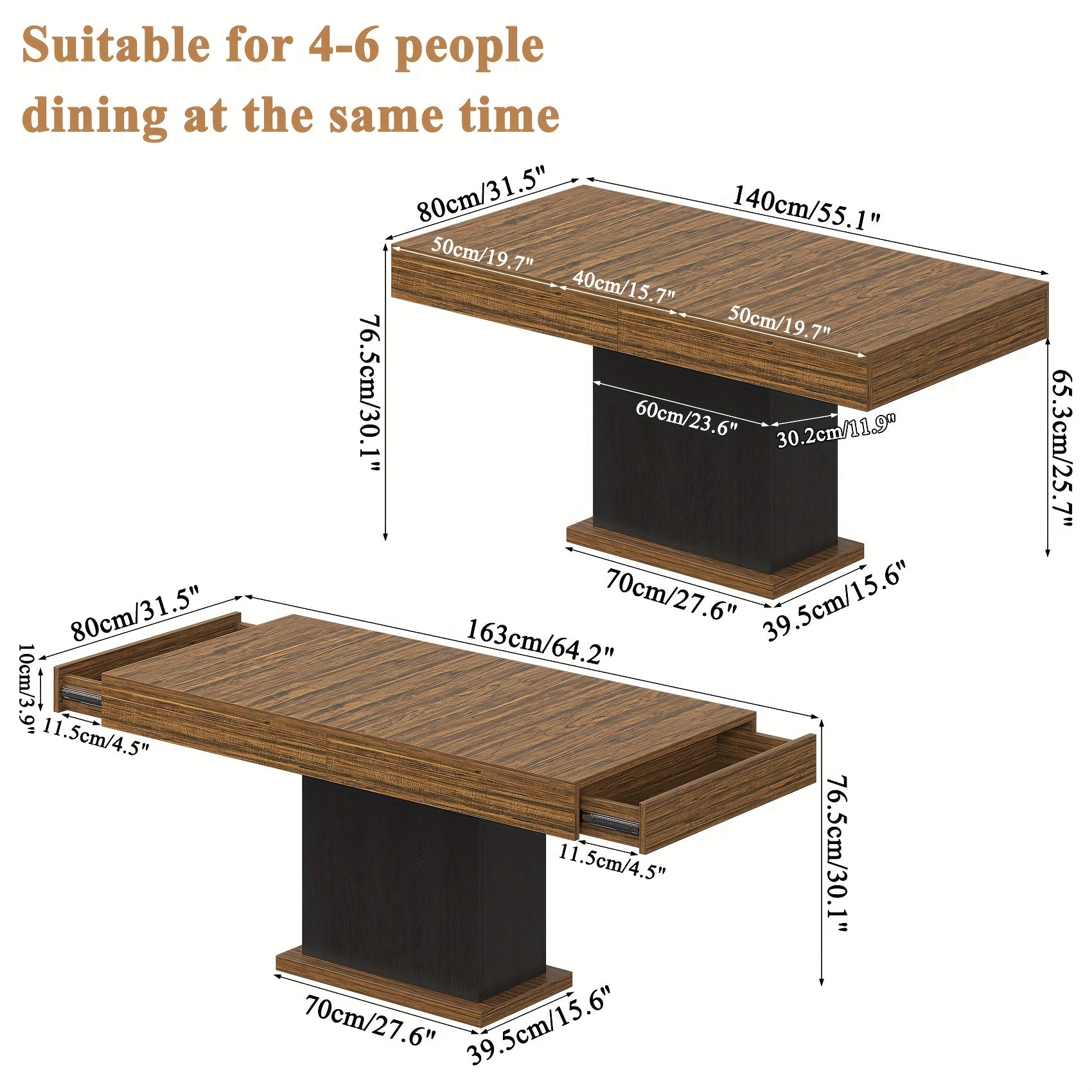 Dining Table for 6 People, Large Rectangular Wood Kitchen Table with 2 Drawers