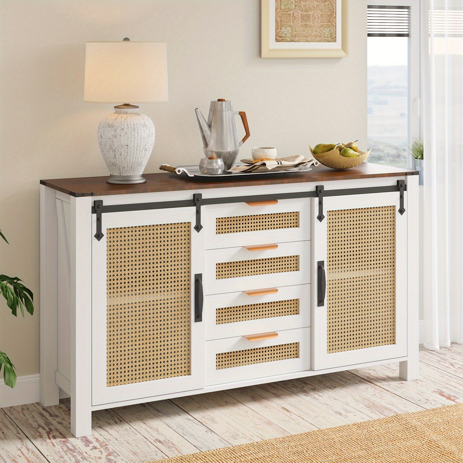 Farmhouse Sideboard Buffet with Sliding Barn Doors & Rattan Details