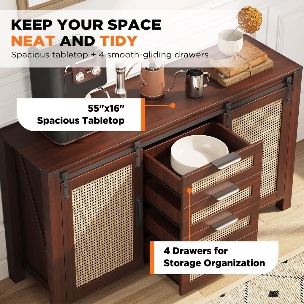 Farmhouse Sideboard Buffet with Sliding Barn Doors & Rattan Details