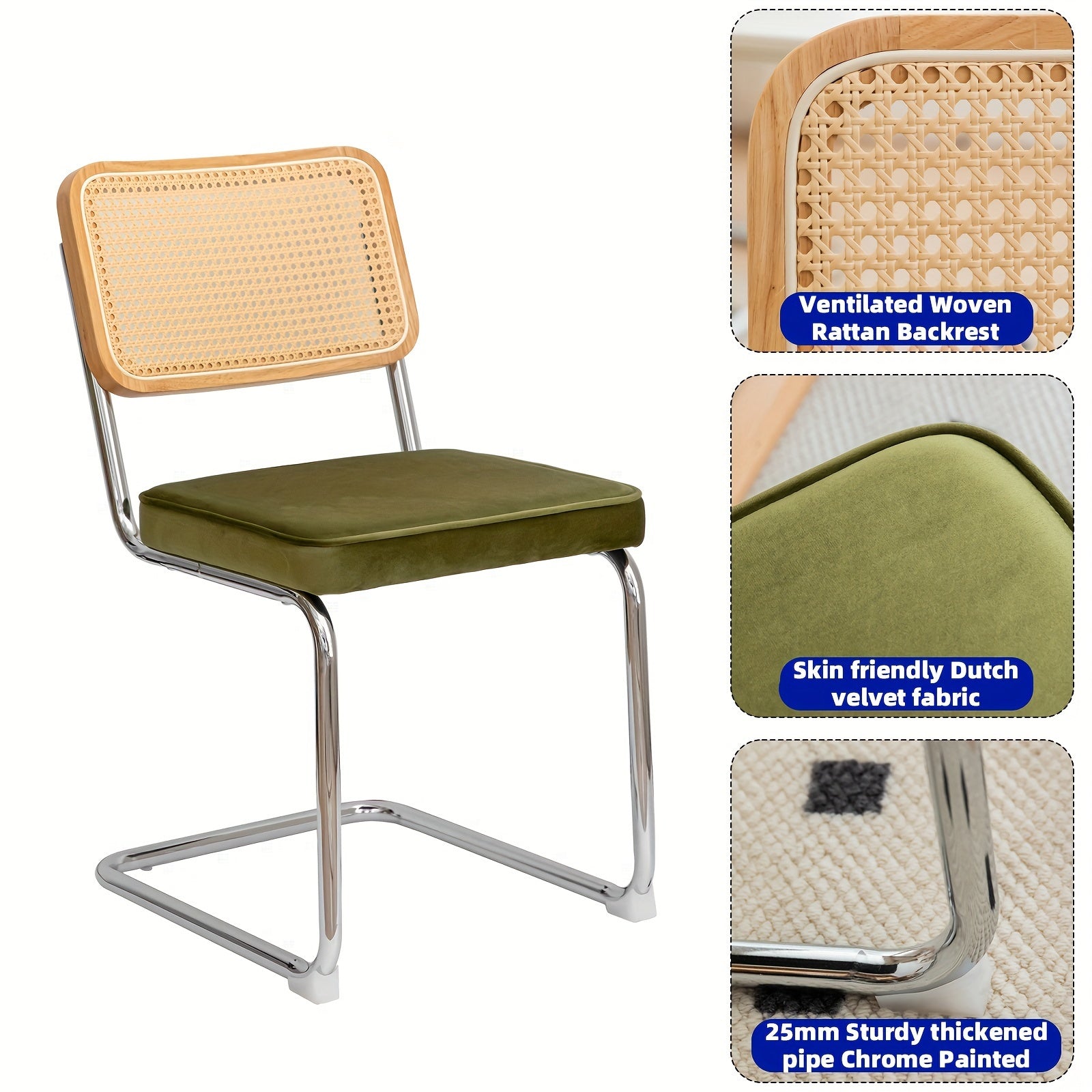 Set of Two Dining Chairs Featuring Velvet And Rattan, Designed with Chrome Legs