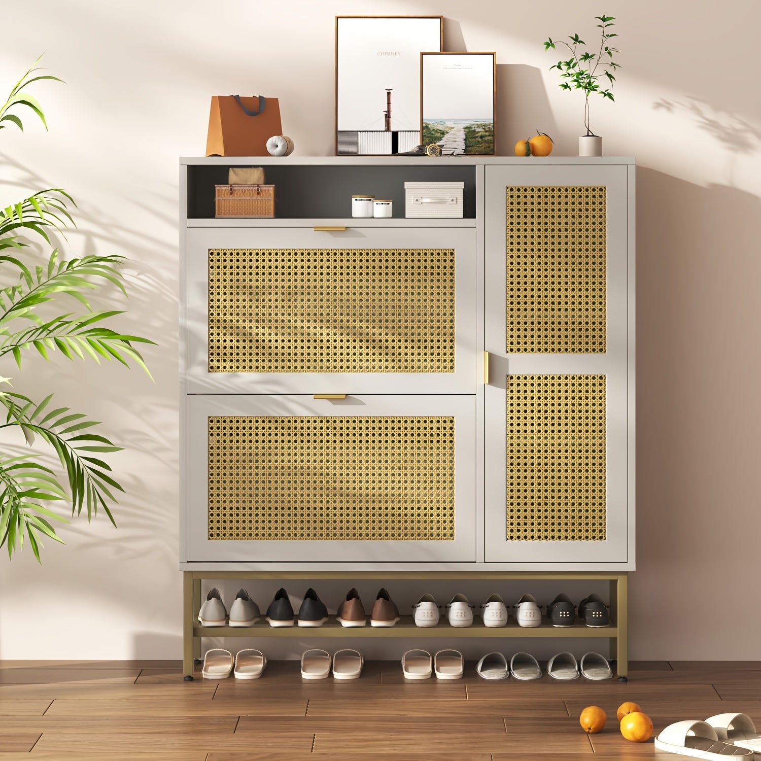 Farmhouse Sideboard Buffet with Sliding Barn Doors & Rattan Details