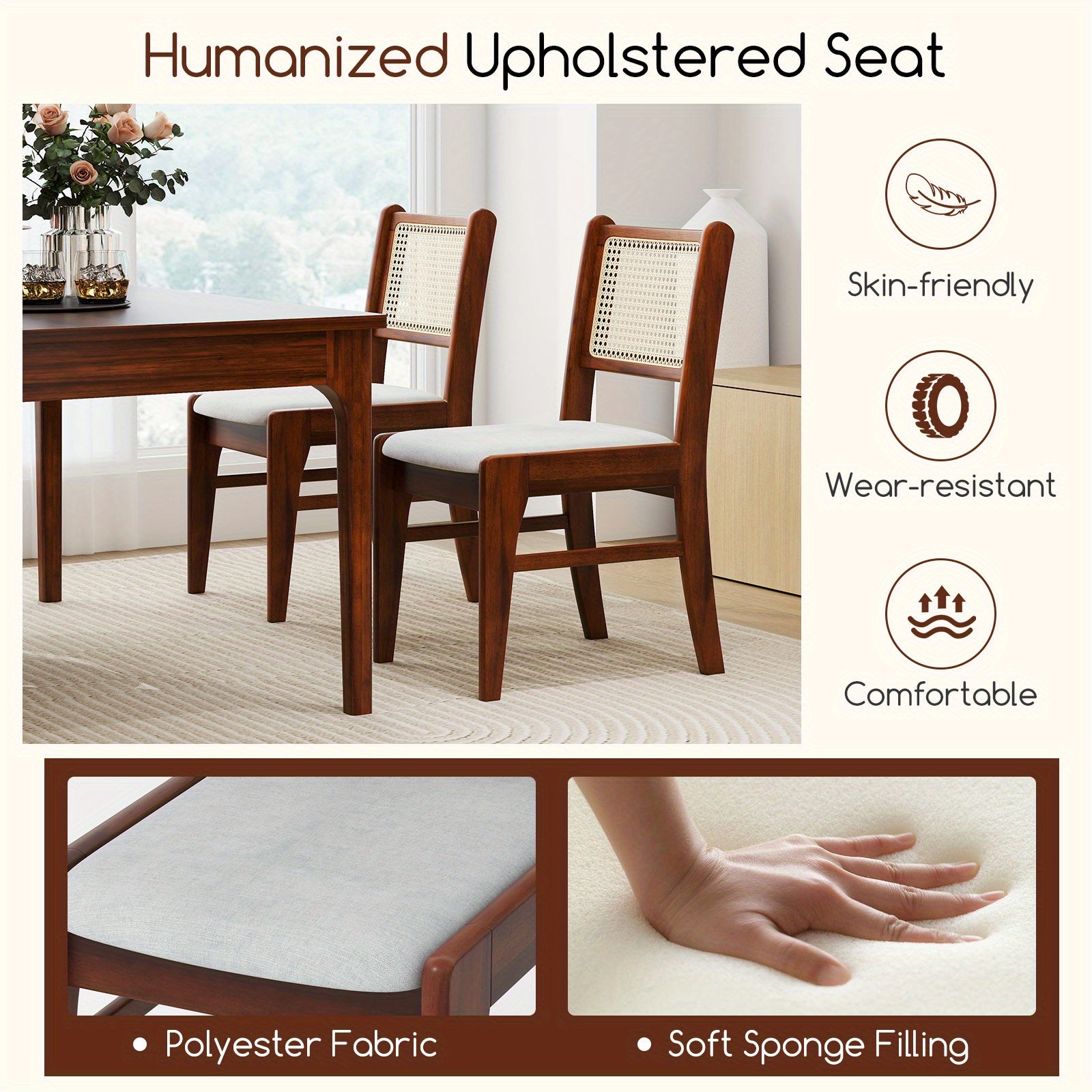 LIFEZEAL Rattan Dining Chair Set of 2, Wooden Kitchen Chairs w\u002F Cane Back