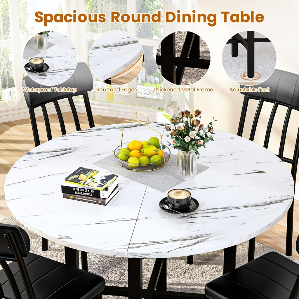 5pcs Dining Table And Chairs Set - Wooden Circle Table With 4 Faux Leather Seats, Kitchen Or Small Dining Spaces