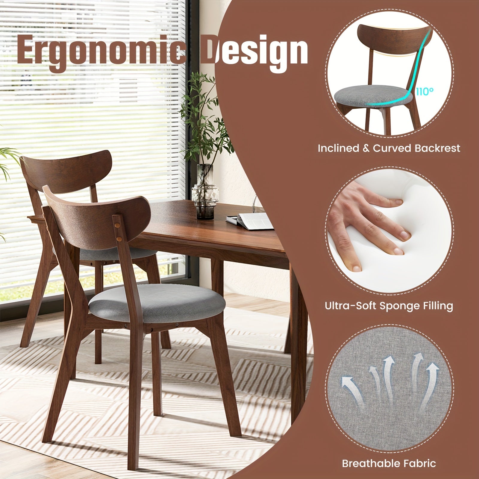 2 Pcs Contemporary Upholstered Dining Chairs - Ergonomic, Breathable Fabric