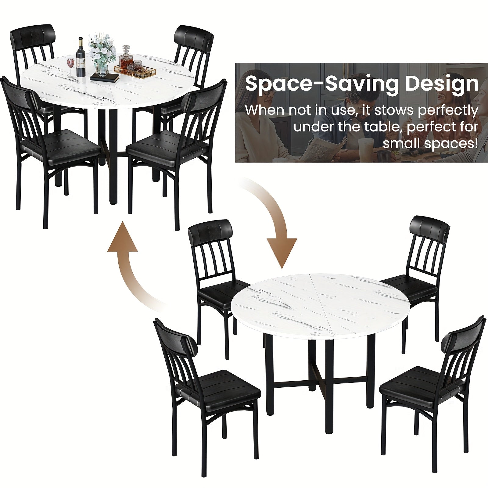 5pcs Dining Table And Chairs Set - Wooden Circle Table With 4 Faux Leather Seats, Kitchen Or Small Dining Spaces