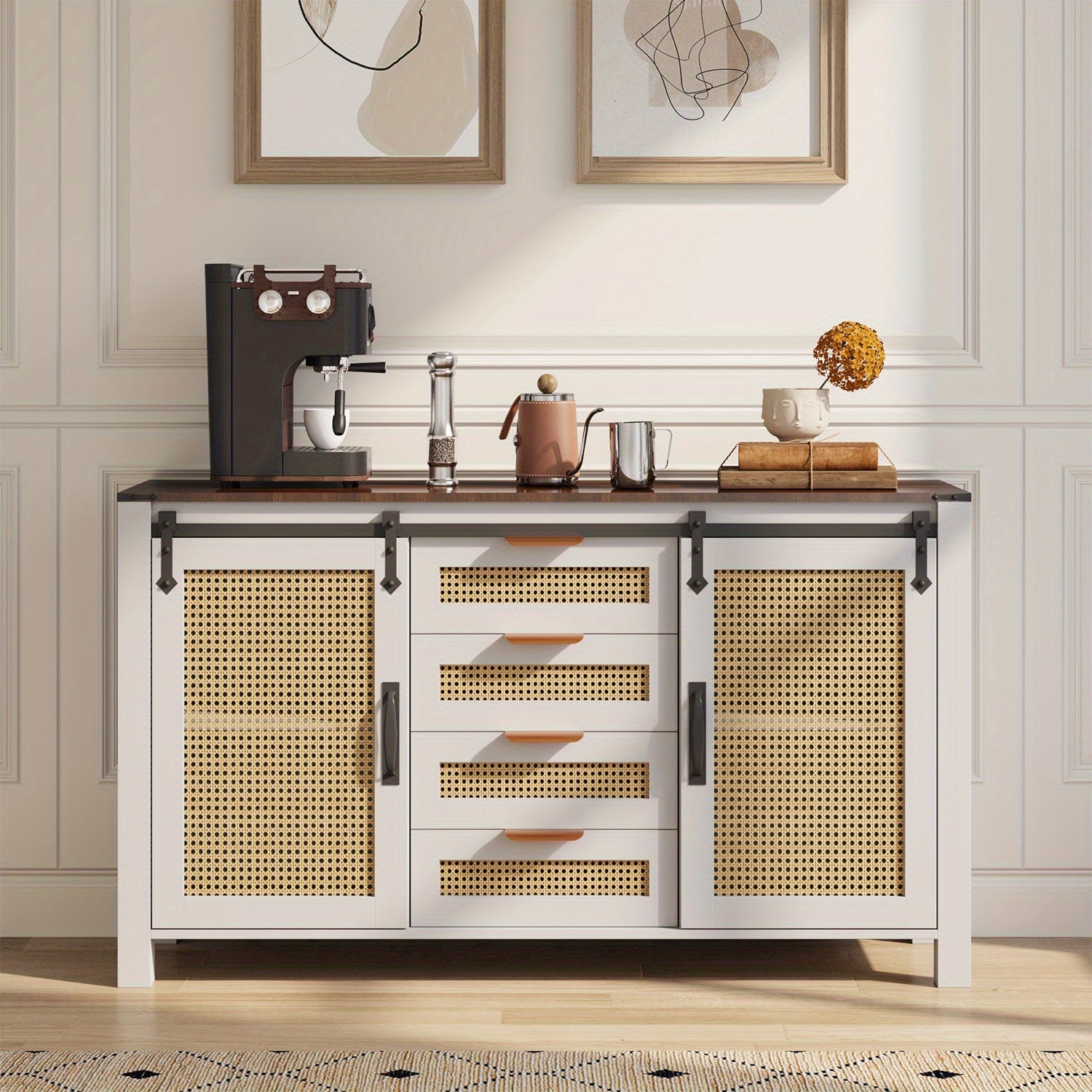Farmhouse Sideboard Buffet with Sliding Barn Doors & Rattan Details
