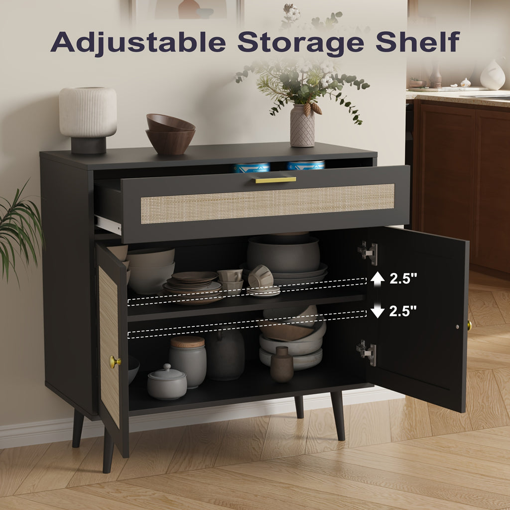 MHOM Rattan Buffet Sideboard Cabinet with Storage, Boho Kitchen Cabinet with Drawer & 2 Doors