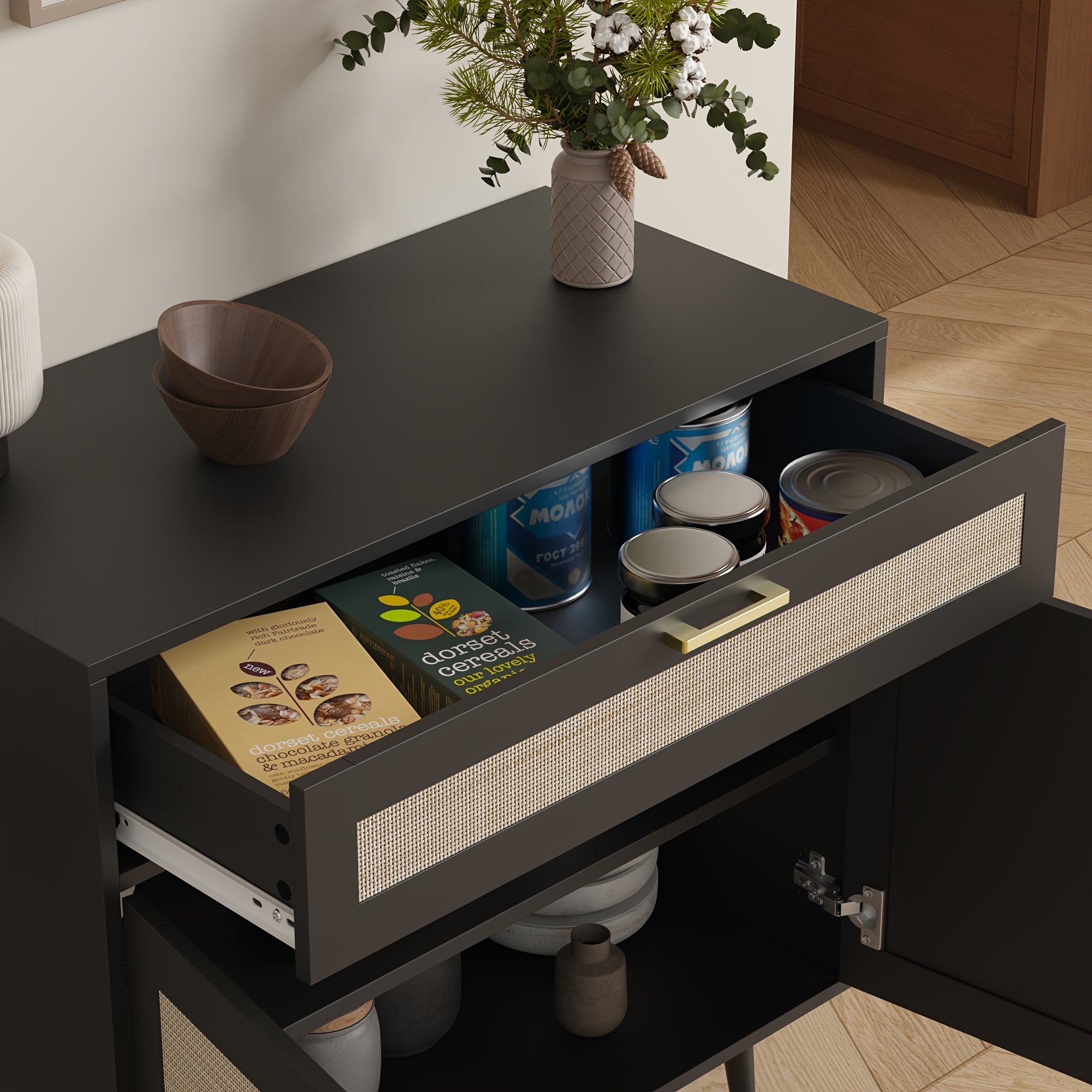 MHOM Rattan Buffet Sideboard Cabinet with Storage, Boho Kitchen Cabinet with Drawer & 2 Doors