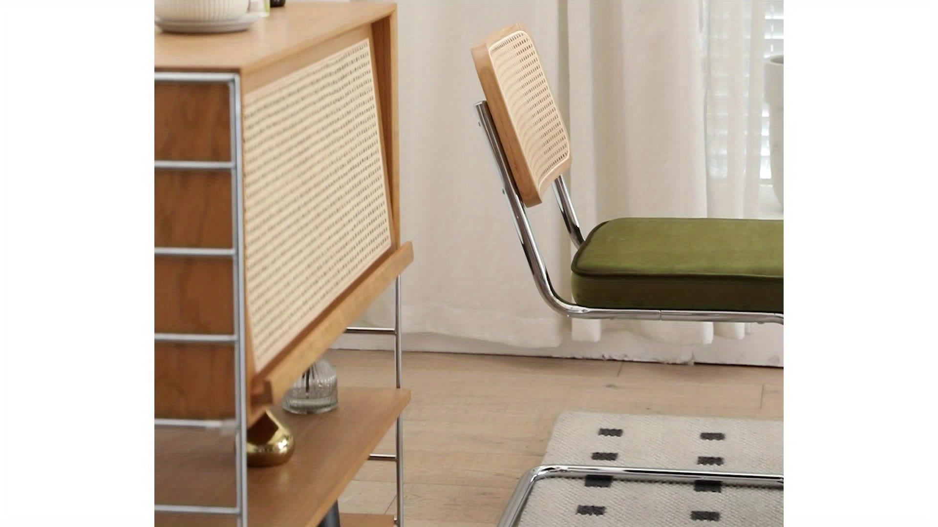 Set of Two Dining Chairs Featuring Velvet And Rattan, Designed with Chrome Legs