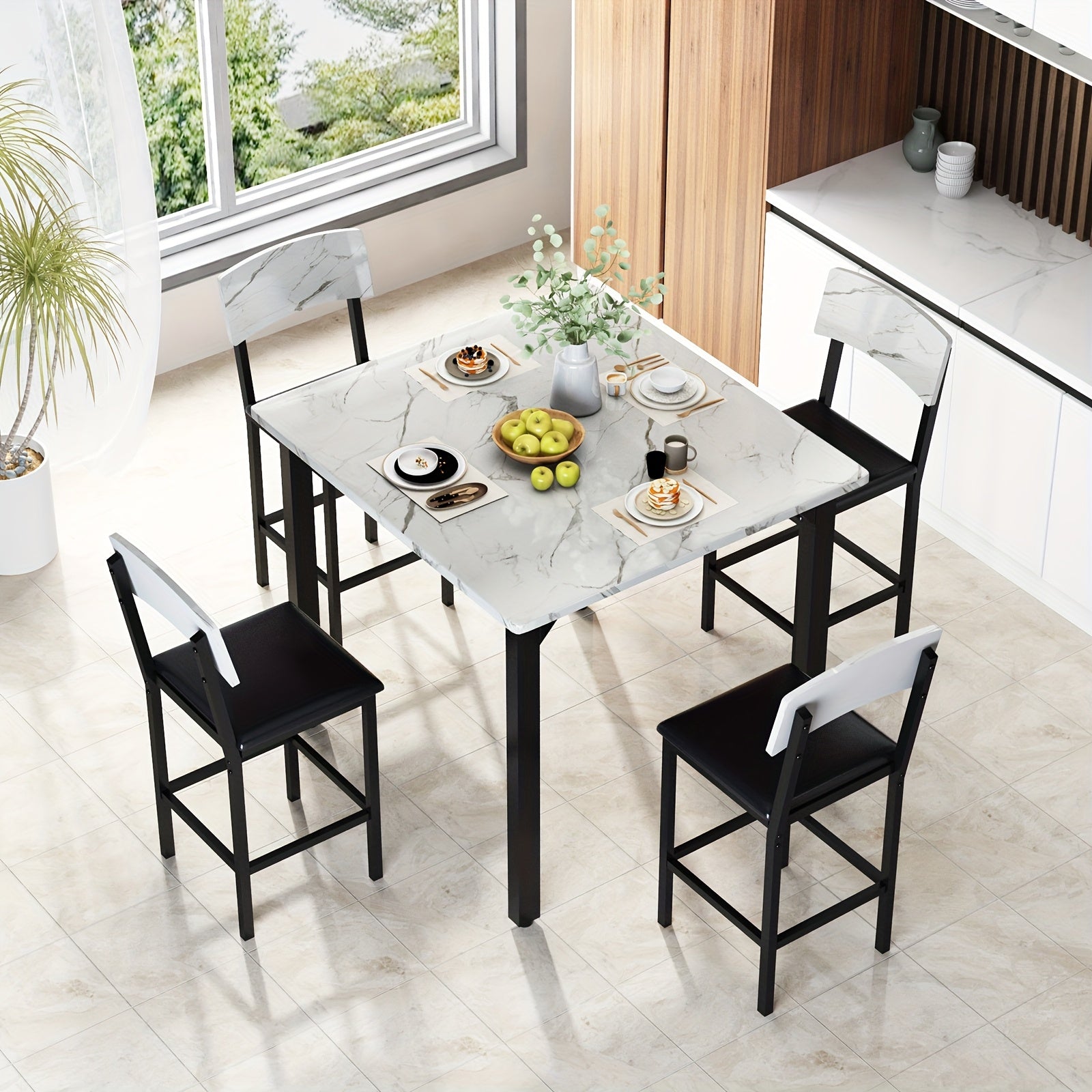 5pcs Dining Table And Chair Set with Imitation Marble Texture