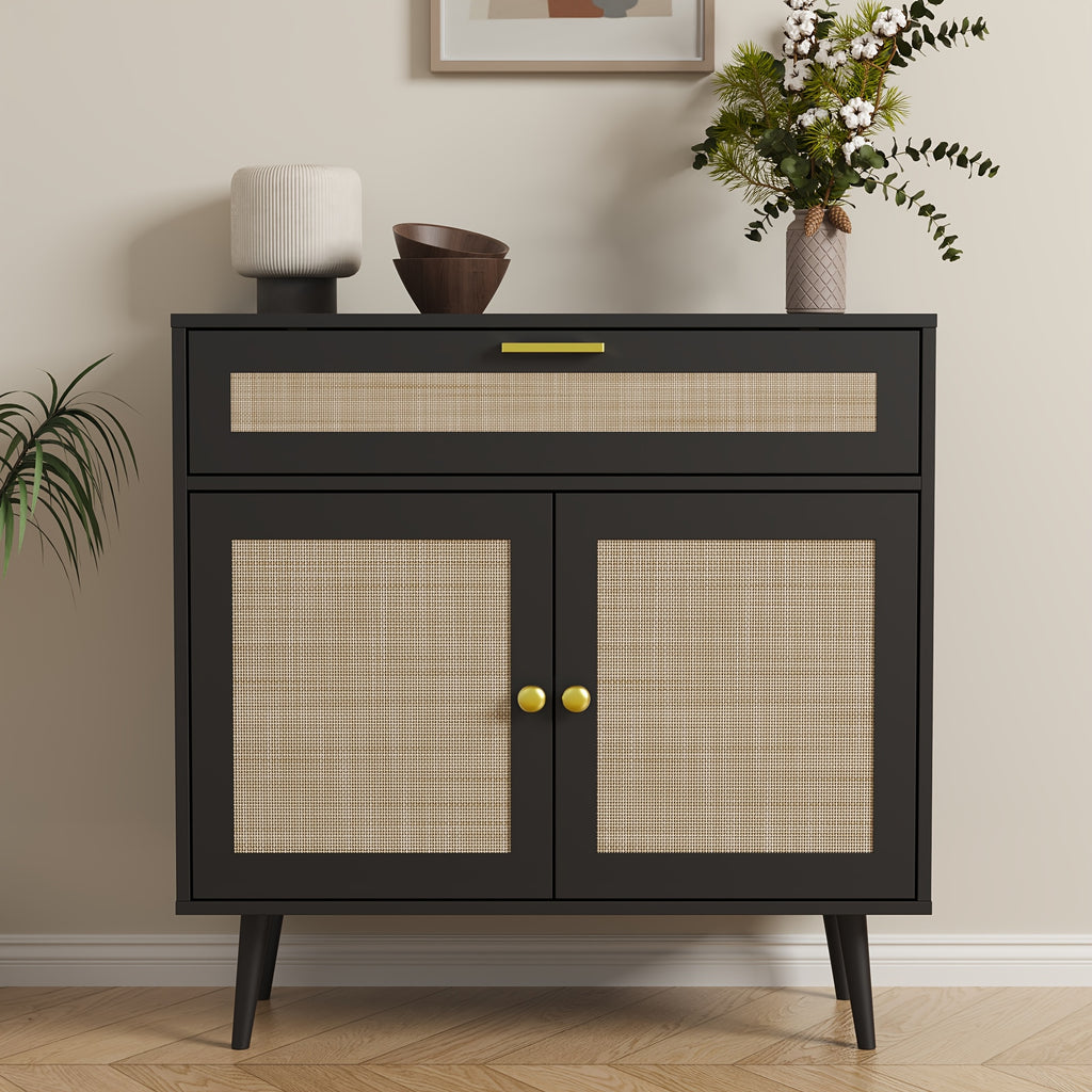 MHOM Rattan Buffet Sideboard Cabinet with Storage, Boho Kitchen Cabinet with Drawer & 2 Doors