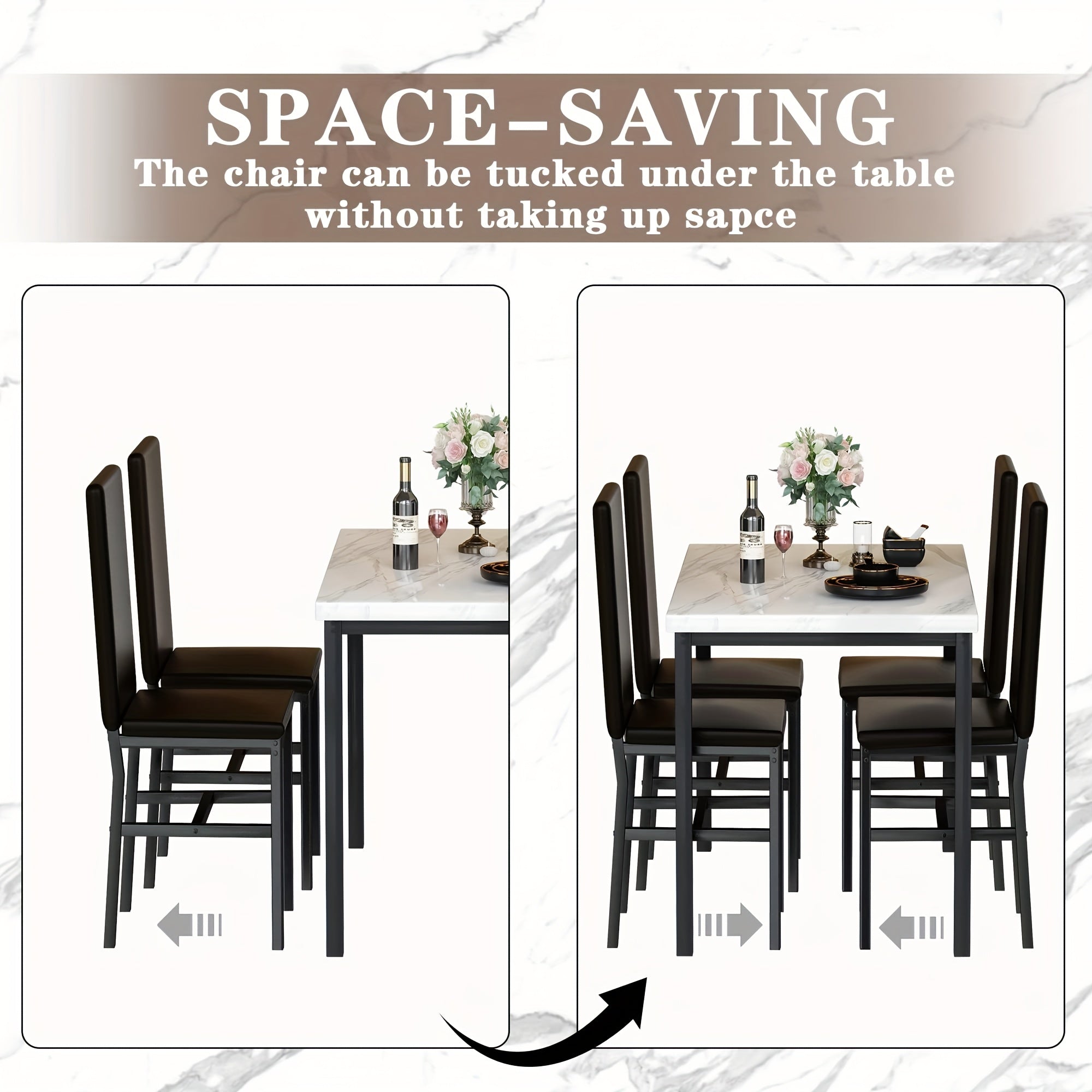 CVORTLL Modern Faux Marble Table Set with Black Metal Frame - Rectangular Dining Table and Chairs