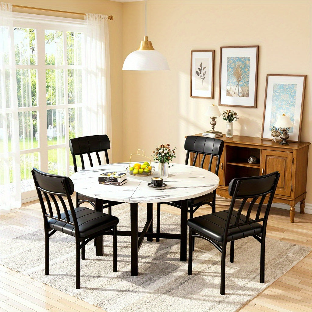 5pcs Dining Table And Chairs Set - Wooden Circle Table With 4 Faux Leather Seats, Kitchen Or Small Dining Spaces