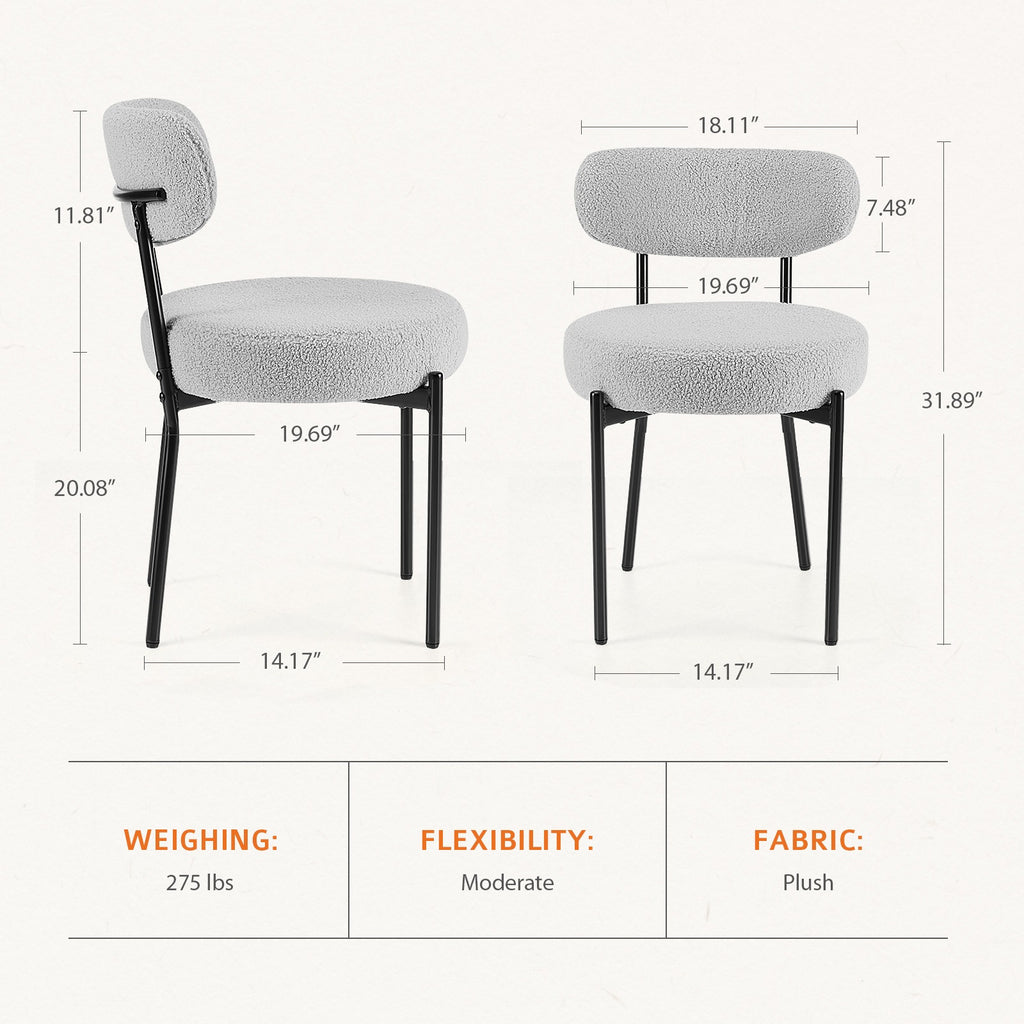 Dining Chairs Set of 2, Boucle Upholstered Kitchen Chairs with Curved Backrest & Metal Legs