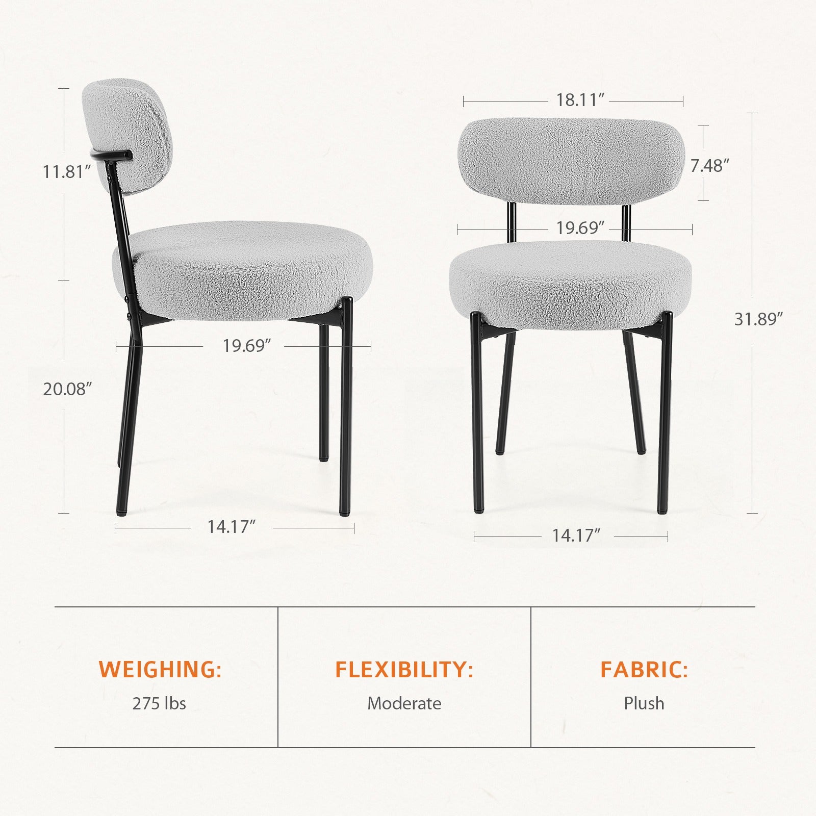Dining Chairs Set of 2, Boucle Upholstered Kitchen Chairs with Curved Backrest & Metal Legs