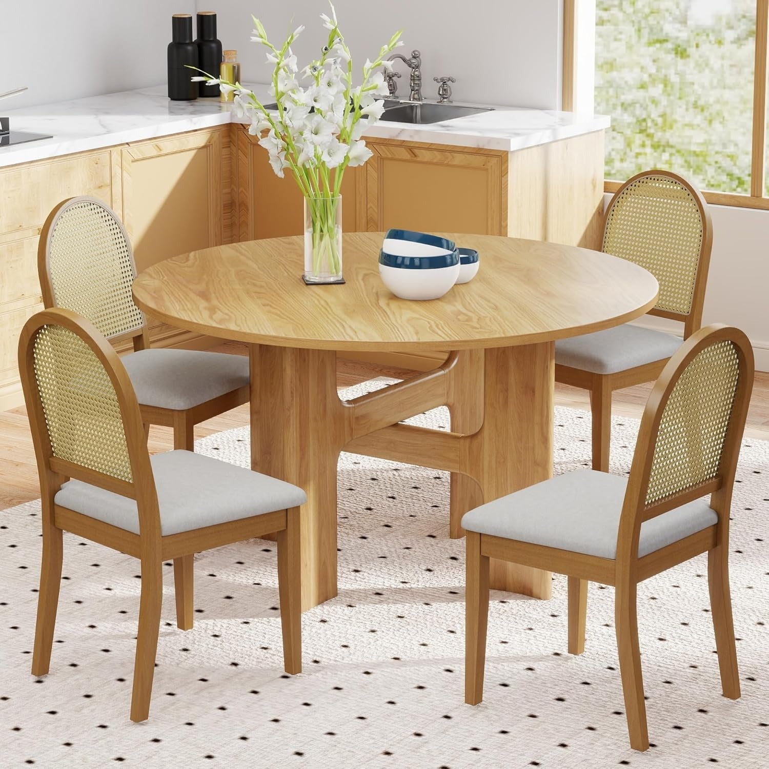 Set of 2 Vintage Farmhouse Dining Chairs with Velvet Upholstery & Rattan Backrests