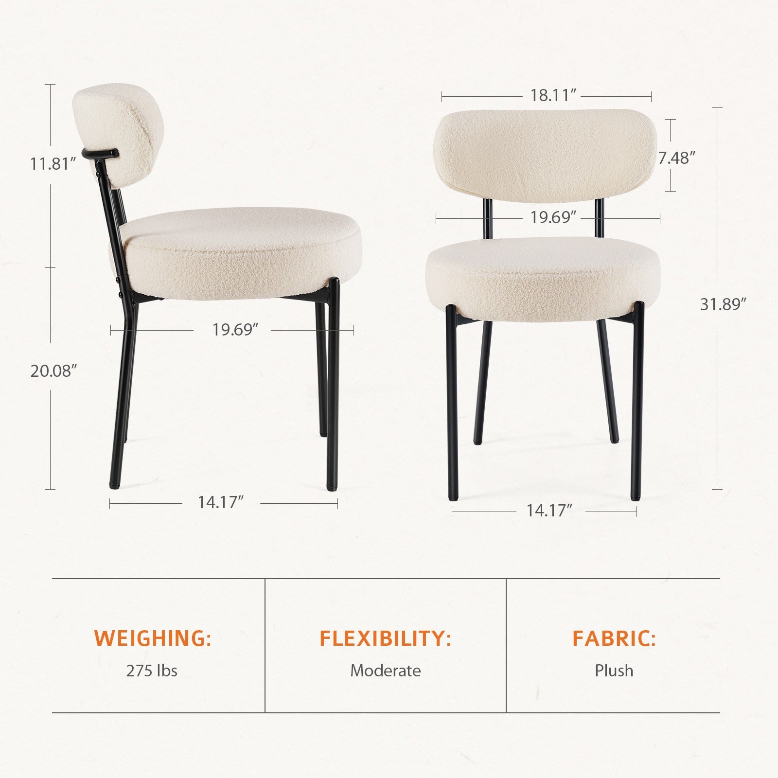 Dining Chairs Set of 2, Boucle Upholstered Kitchen Chairs with Curved Backrest & Metal Legs