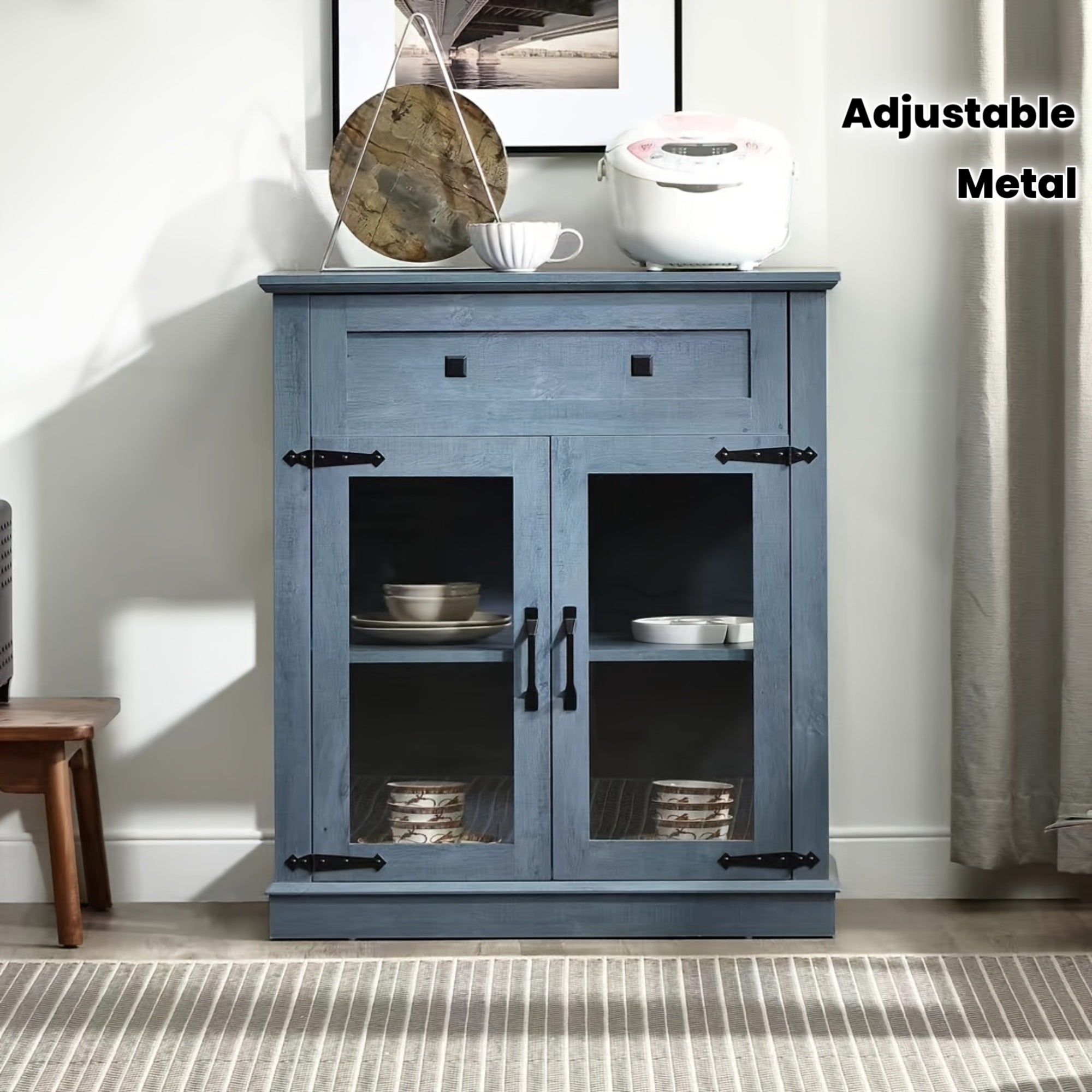 Contemporary Blue Buffet Cabinet with Glass Doors & Adjustable Shelves - 3.2+ Cubic Feet Storage