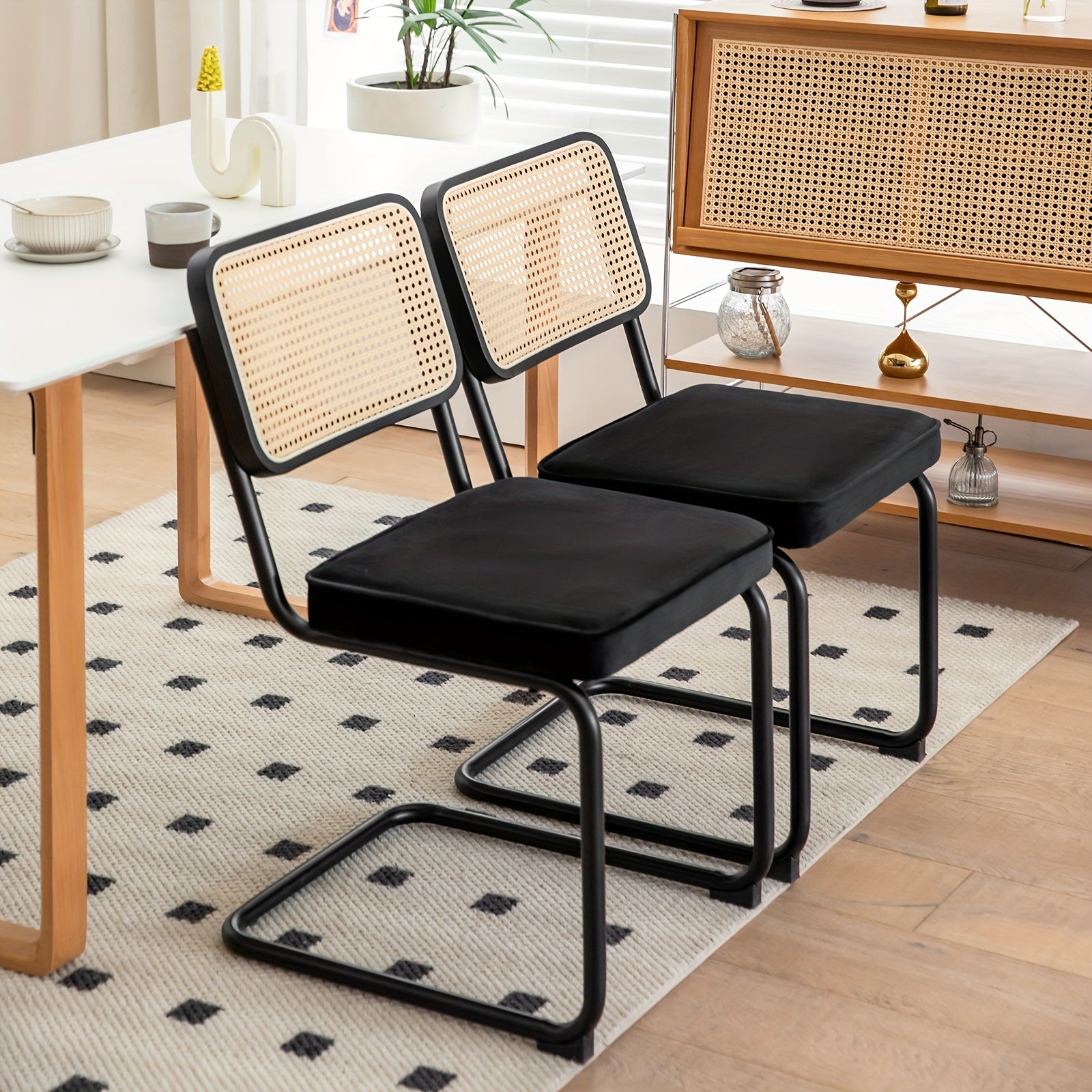 Set of Two Dining Chairs Featuring Velvet And Rattan, Designed with Chrome Legs