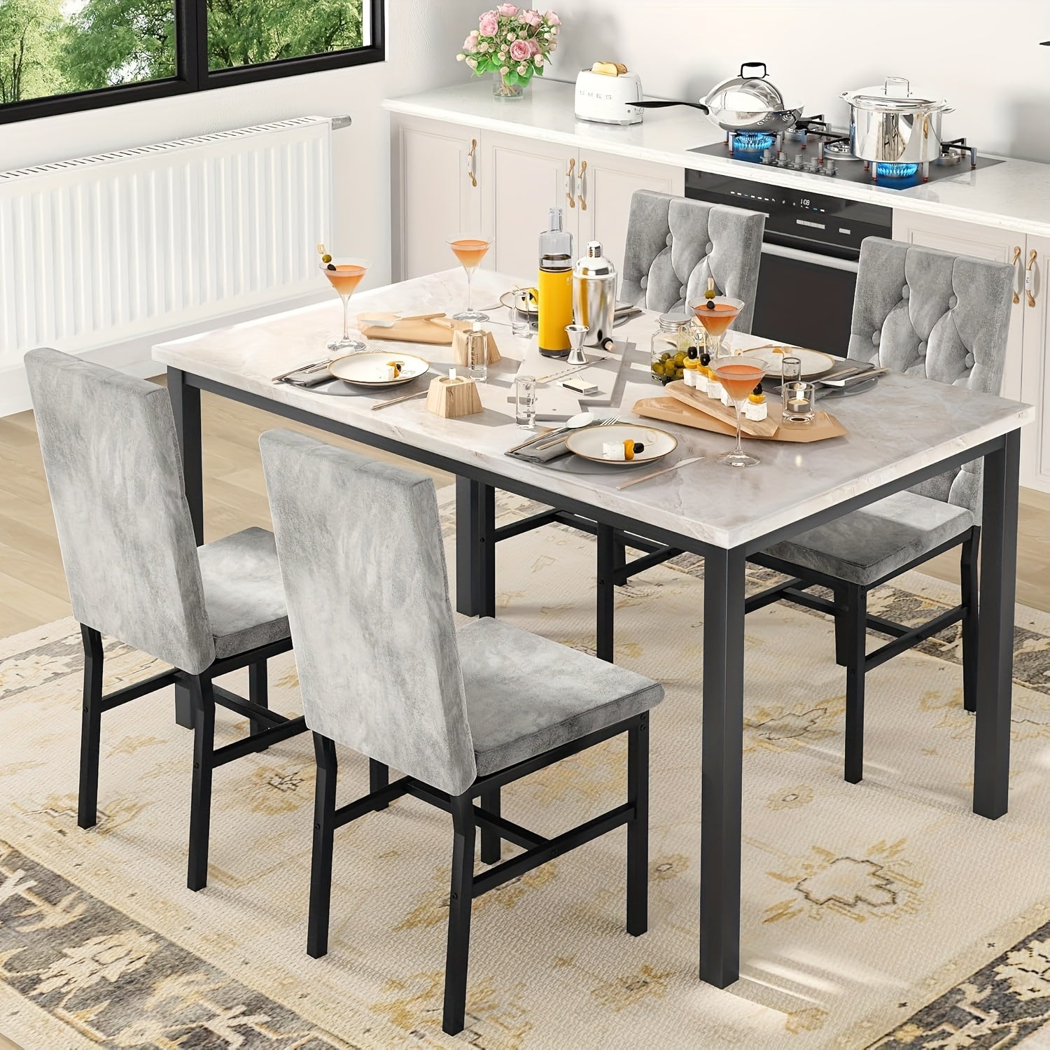 5pcs Dining Table Set Dining Table Set for 4 With Luxurious Button Tufted Dinner Chairs