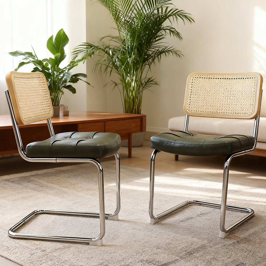 Set of Two Dining Chairs Featuring Velvet And Rattan, Designed with Chrome Legs