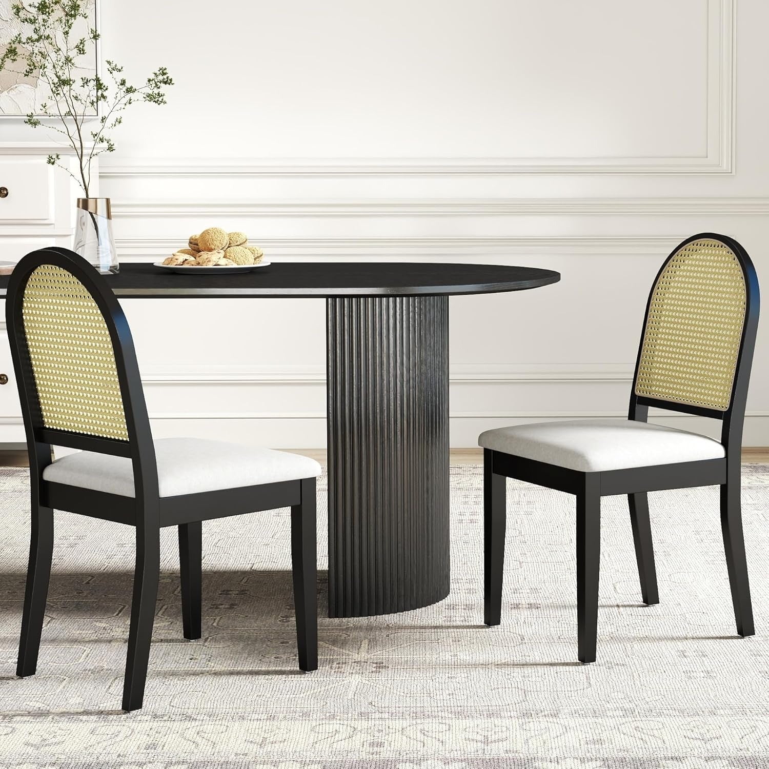 Set of 2 Vintage Farmhouse Dining Chairs with Velvet Upholstery & Rattan Backrests