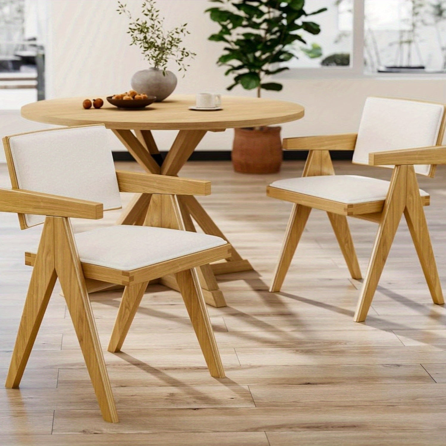 Set of 2 Modern Farmhouse Dining Chairs with Arms Boucle Upholstered Dining Room