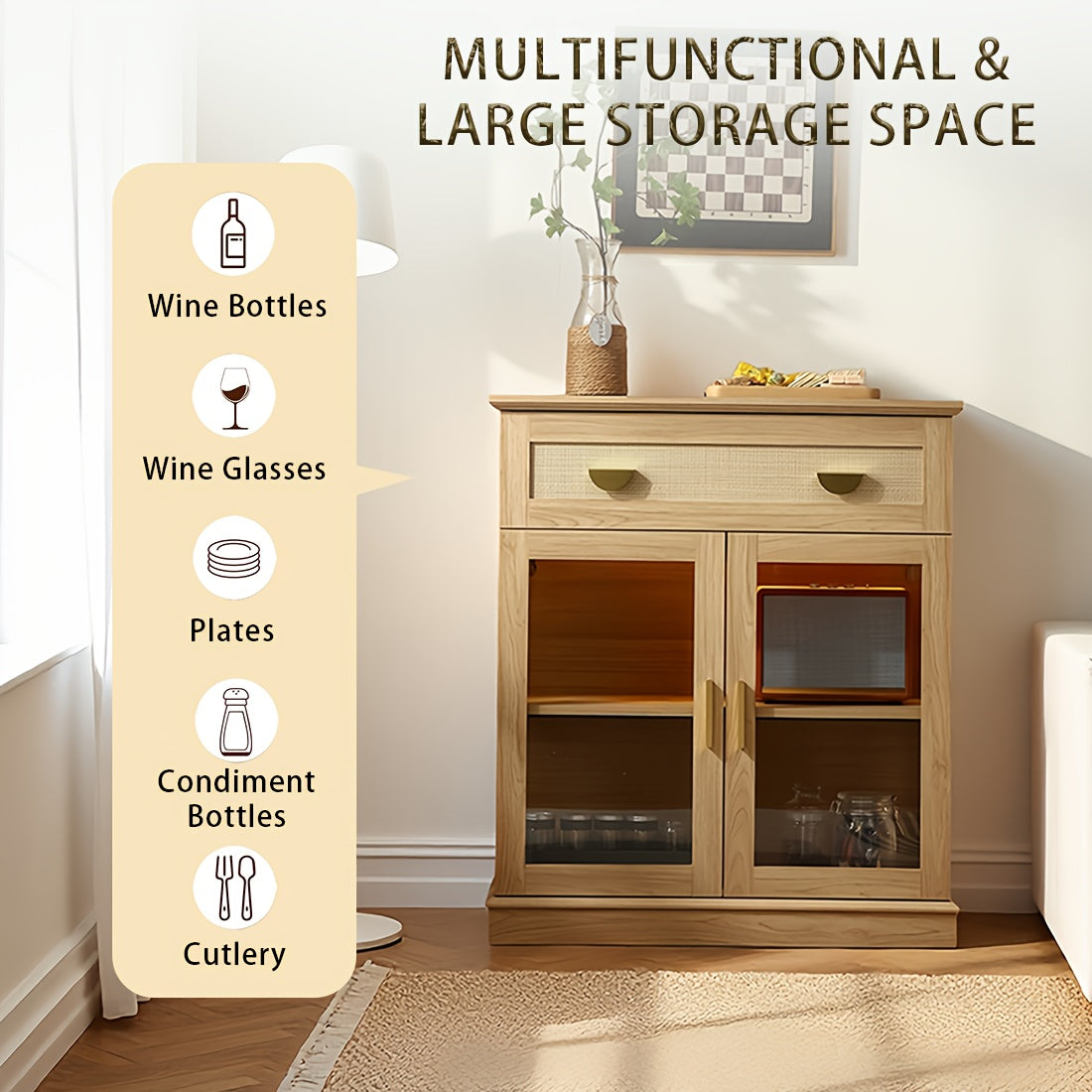 Modern Buffet Cabinet with Glass Door Storage - Adjustable Shelves & ≥3.2 Cu Ft Display Cabinet