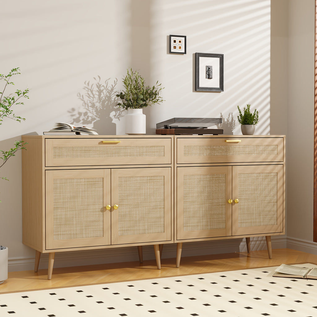 MHOM Rattan Buffet Sideboard Cabinet with Storage, Boho Kitchen Cabinet with Drawer & 2 Doors