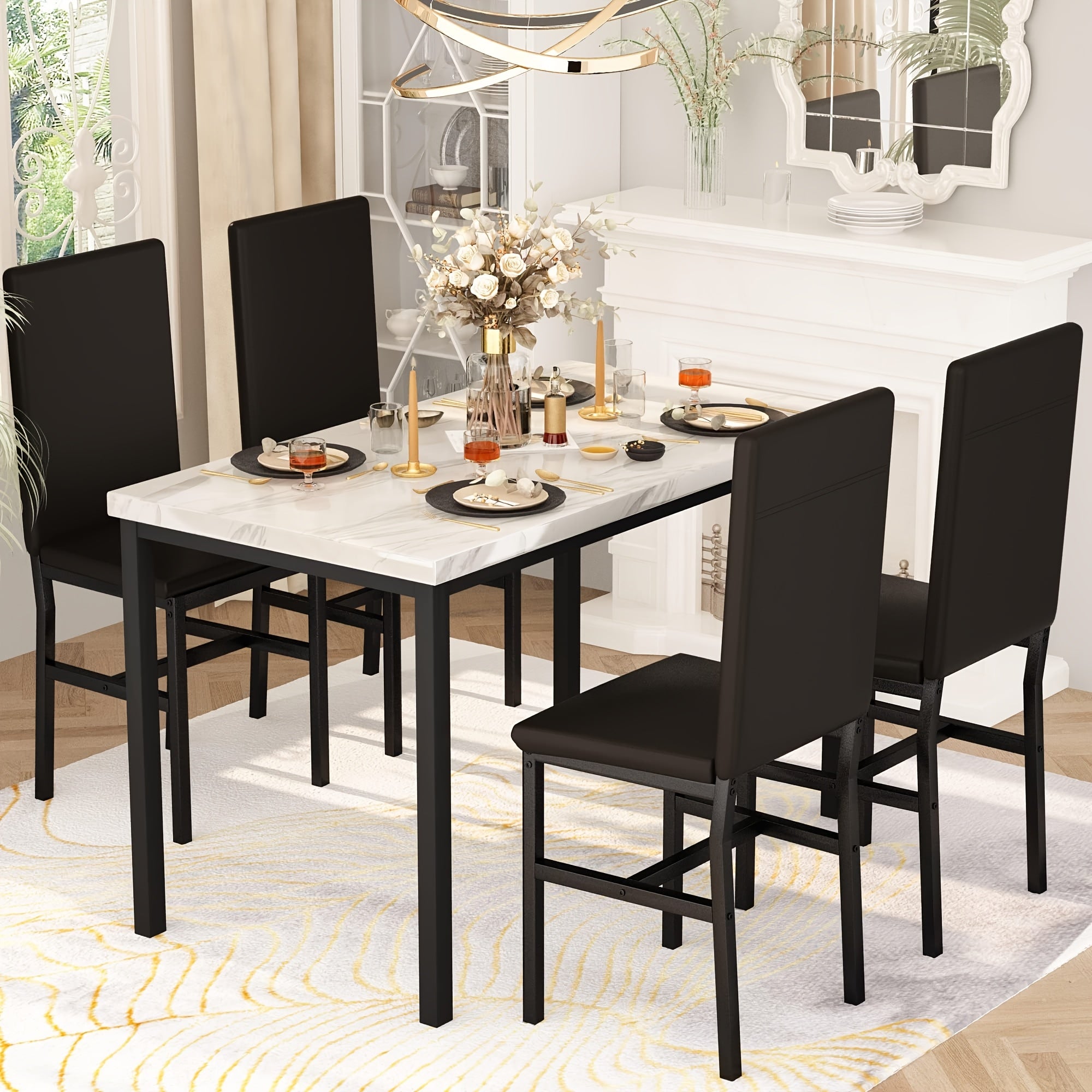 CVORTLL Modern Faux Marble Table Set with Black Metal Frame - Rectangular Dining Table and Chairs