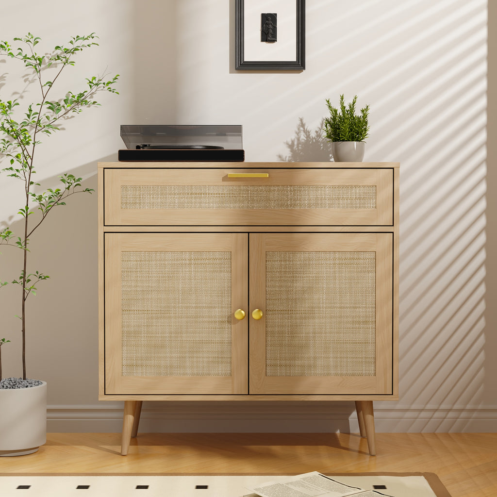 MHOM Rattan Buffet Sideboard Cabinet with Storage, Boho Kitchen Cabinet with Drawer & 2 Doors