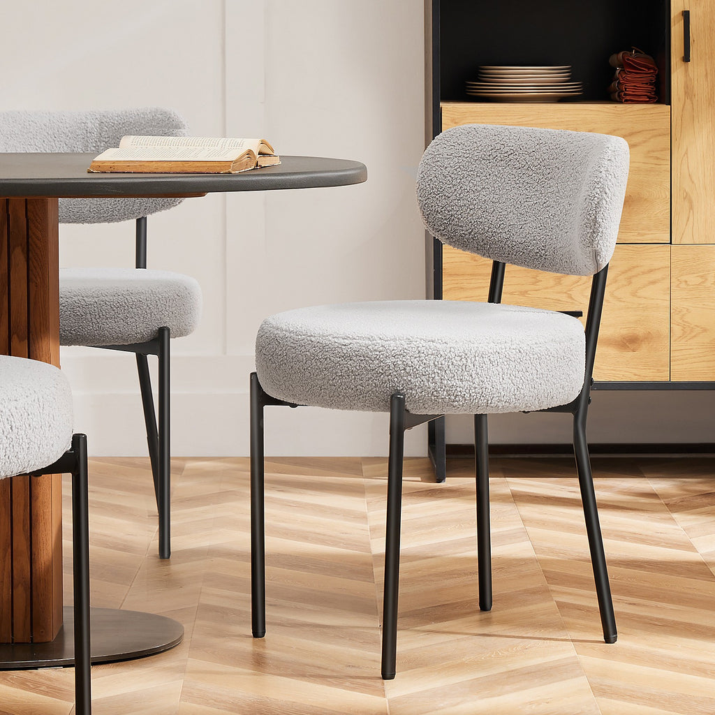 Dining Chairs Set of 2, Boucle Upholstered Kitchen Chairs with Curved Backrest & Metal Legs