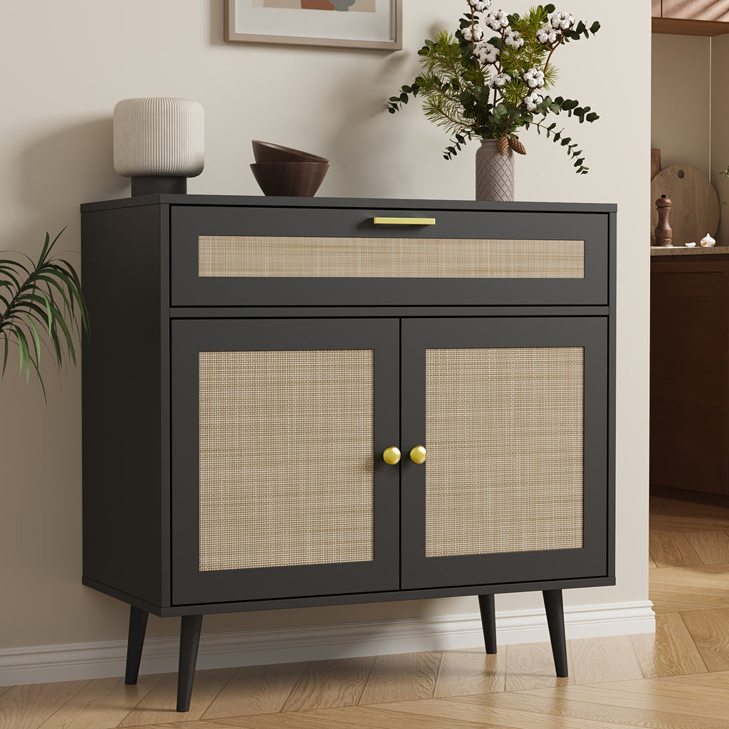 MHOM Rattan Buffet Sideboard Cabinet with Storage, Boho Kitchen Cabinet with Drawer & 2 Doors
